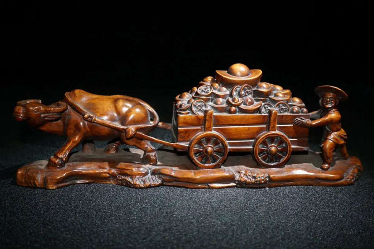 ML002- 22 x 7.5 CM Stunning Boxwood Figurine Carving: Farmer and Buffalo