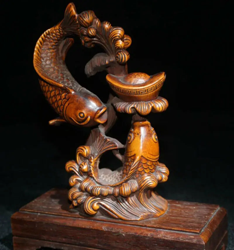 ML006- 15 x 12 CM Stunning Boxwood Figurine Carving: Fish Carps