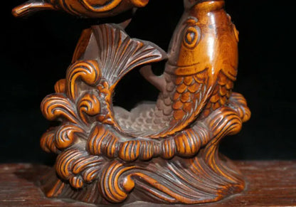 ML006- 15 x 12 CM Stunning Boxwood Figurine Carving: Fish Carps