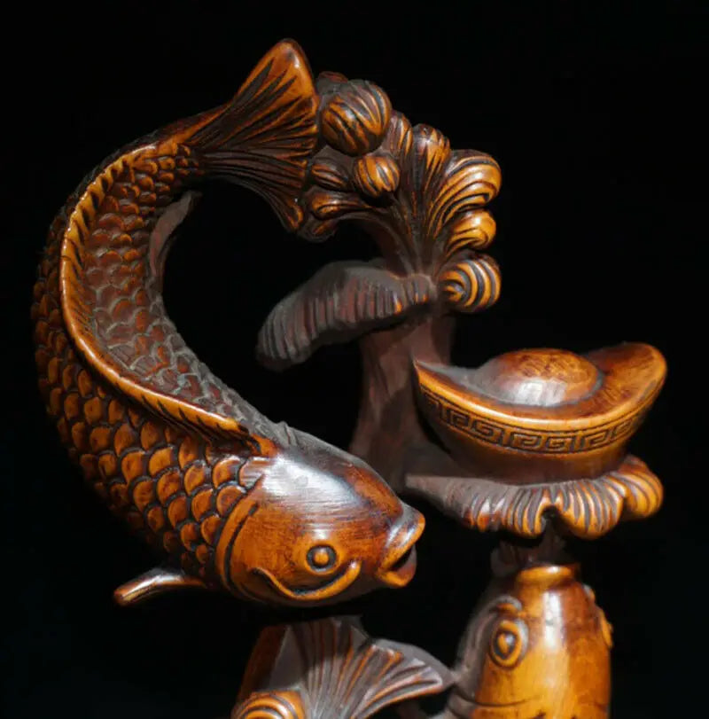 ML006- 15 x 12 CM Stunning Boxwood Figurine Carving: Fish Carps