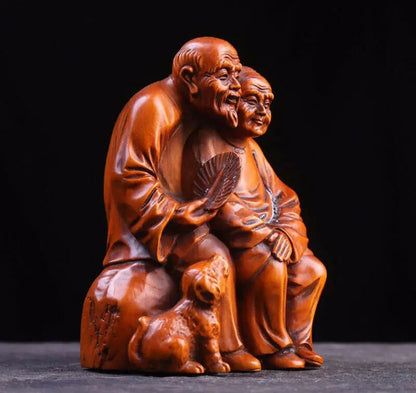 ML008- 12 x 9 X7.5 CM Stunning Hand Carved Boxwood Figurine Carving: Old Couple with Dog
