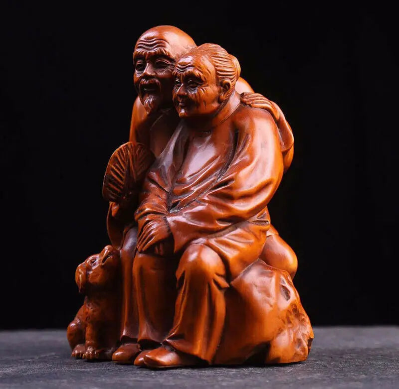 ML008- 12 x 9 X7.5 CM Stunning Hand Carved Boxwood Figurine Carving: Old Couple with Dog