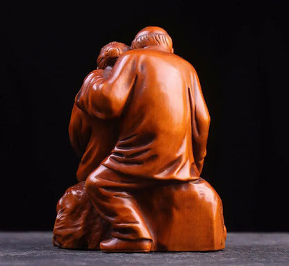 ML008- 12 x 9 X7.5 CM Stunning Hand Carved Boxwood Figurine Carving: Old Couple with Dog