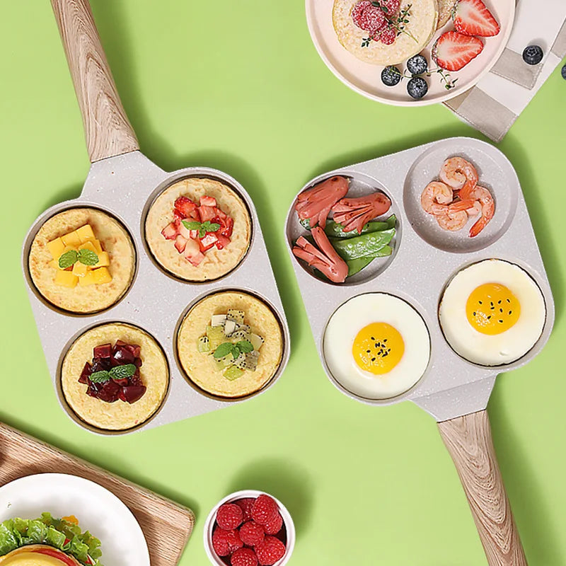 Maifan Stone Non-stick Frying Pot Pan 4 Holes Steak Egg Pancake Thickened Omelet Pan Wooden Handle Pan For Kitchen Utensils