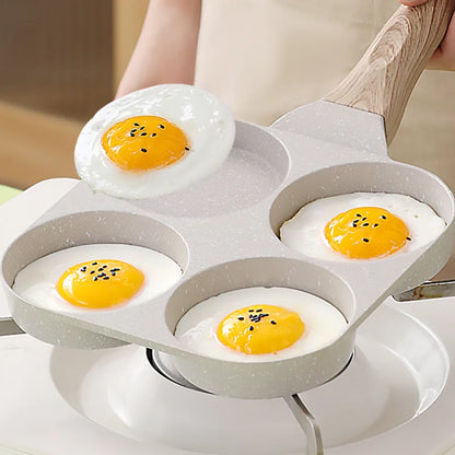 Maifan Stone Non-stick Frying Pot Pan 4 Holes Steak Egg Pancake Thickened Omelet Pan Wooden Handle Pan For Kitchen Utensils