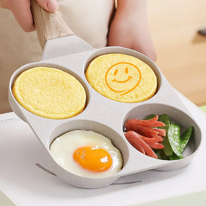 Maifan Stone Non-stick Frying Pot Pan 4 Holes Steak Egg Pancake Thickened Omelet Pan Wooden Handle Pan For Kitchen Utensils