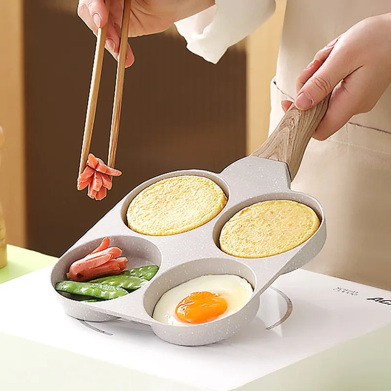 Maifan Stone Non-stick Frying Pot Pan 4 Holes Steak Egg Pancake Thickened Omelet Pan Wooden Handle Pan For Kitchen Utensils