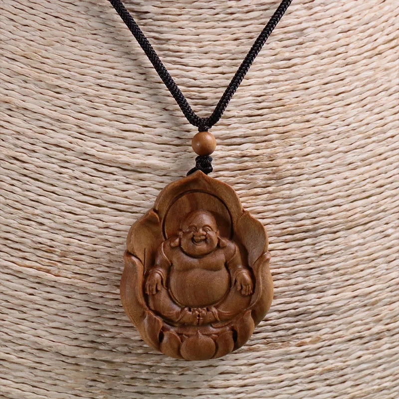 Maitreya Bodhisattva Wood Carving Buddha Statue Pendant Solid Wood Craft Carving Gift Men and Women Necklace Safe 4.8CM
