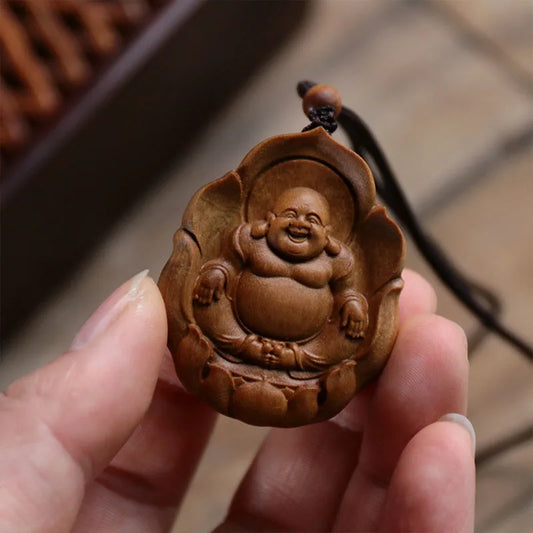 Maitreya Bodhisattva Wood Carving Buddha Statue Pendant Solid Wood Craft Carving Gift Men and Women Necklace Safe 4.8CM