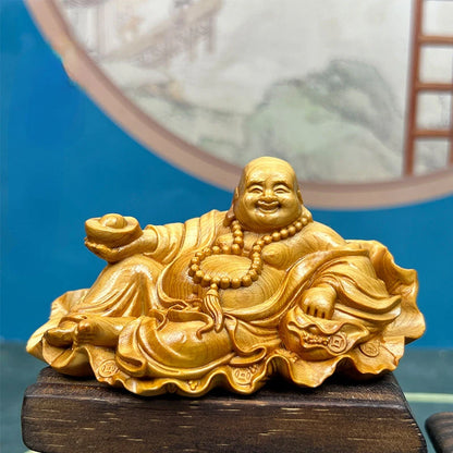 Maitreya Buddha Cliff Cypress Wood Carving Yuanbao Smiling Buddha Car Ornament Crafts Home Household Attract Wealth