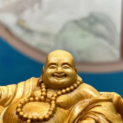 Maitreya Buddha Cliff Cypress Wood Carving Yuanbao Smiling Buddha Car Ornament Crafts Home Household Attract Wealth