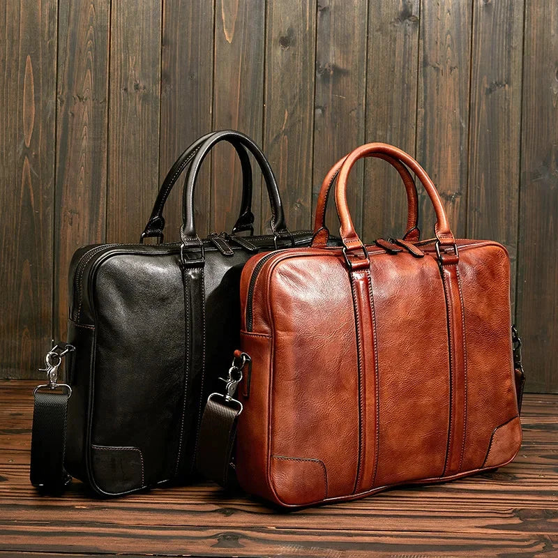 Man's Vintage Cow Briefcase 2024 Men Genuine Leather Handbag Business Laptop Male Luxury Shoulder Messenger Bag