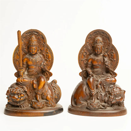 Manjushri, Samantabhadra, Elephant God, and Lion Guanyin - Antique Miniature Buddha Statues, Wood Carved Religious Figurines