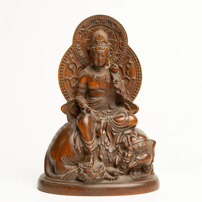 Manjushri, Samantabhadra, Elephant God, and Lion Guanyin - Antique Miniature Buddha Statues, Wood Carved Religious Figurines