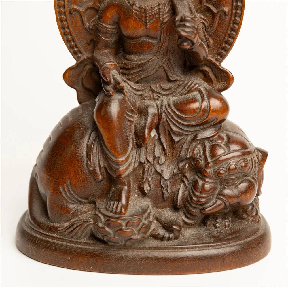 Manjushri, Samantabhadra, Elephant God, and Lion Guanyin - Antique Miniature Buddha Statues, Wood Carved Religious Figurines