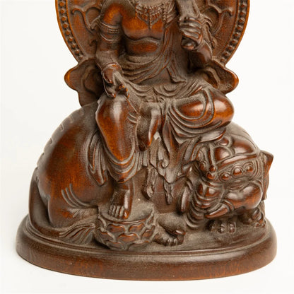 Manjushri, Samantabhadra, Elephant God, and Lion Guanyin - Antique Miniature Buddha Statues, Wood Carved Religious Figurines