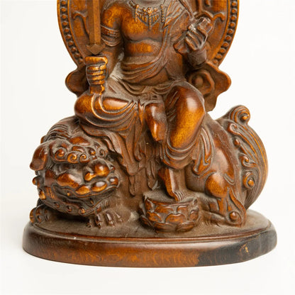 Manjushri, Samantabhadra, Elephant God, and Lion Guanyin - Antique Miniature Buddha Statues, Wood Carved Religious Figurines