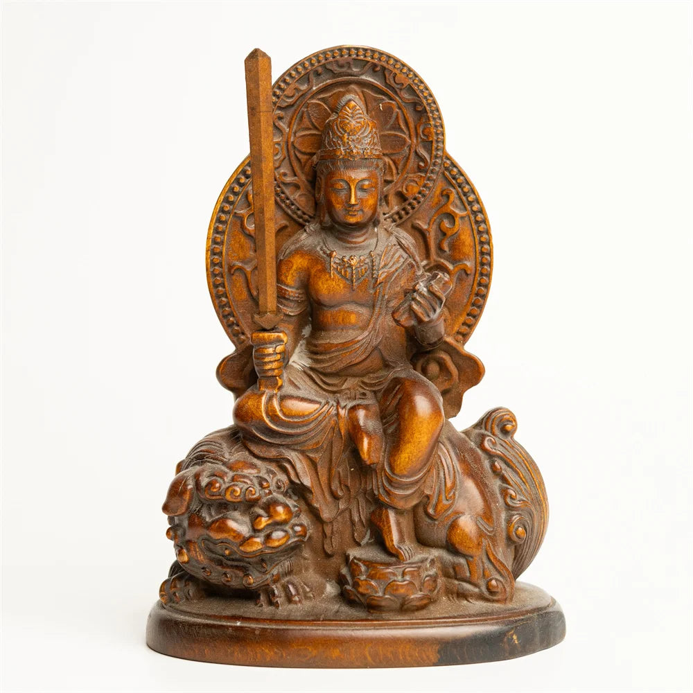 Manjushri, Samantabhadra, Elephant God, and Lion Guanyin - Antique Miniature Buddha Statues, Wood Carved Religious Figurines