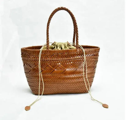Manual Woven Genuine Leather Hand Bags Weave Tote Top Quality Women Basket Shopping Bags Hollow Beach Hobos bag