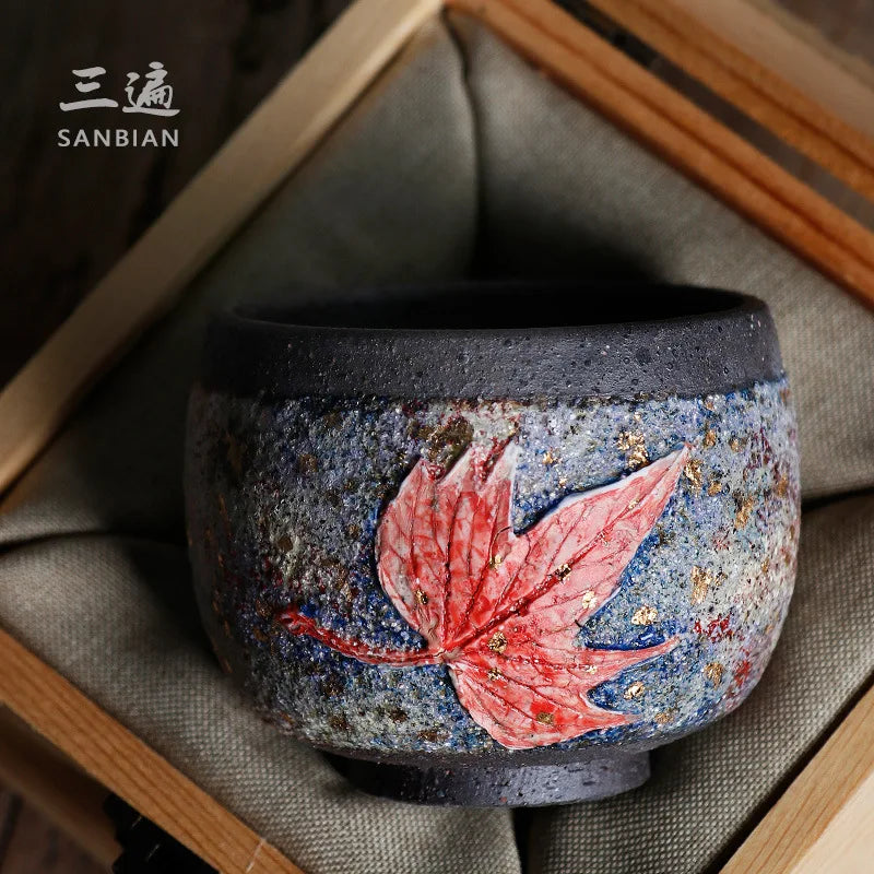 Maple Leaf Rock Mine Tea Cup Handmade Wooden Leaf Temmoku Cup Firewood Tea Set Personal Ceramic Tea Bowl Master Cup Single Cup