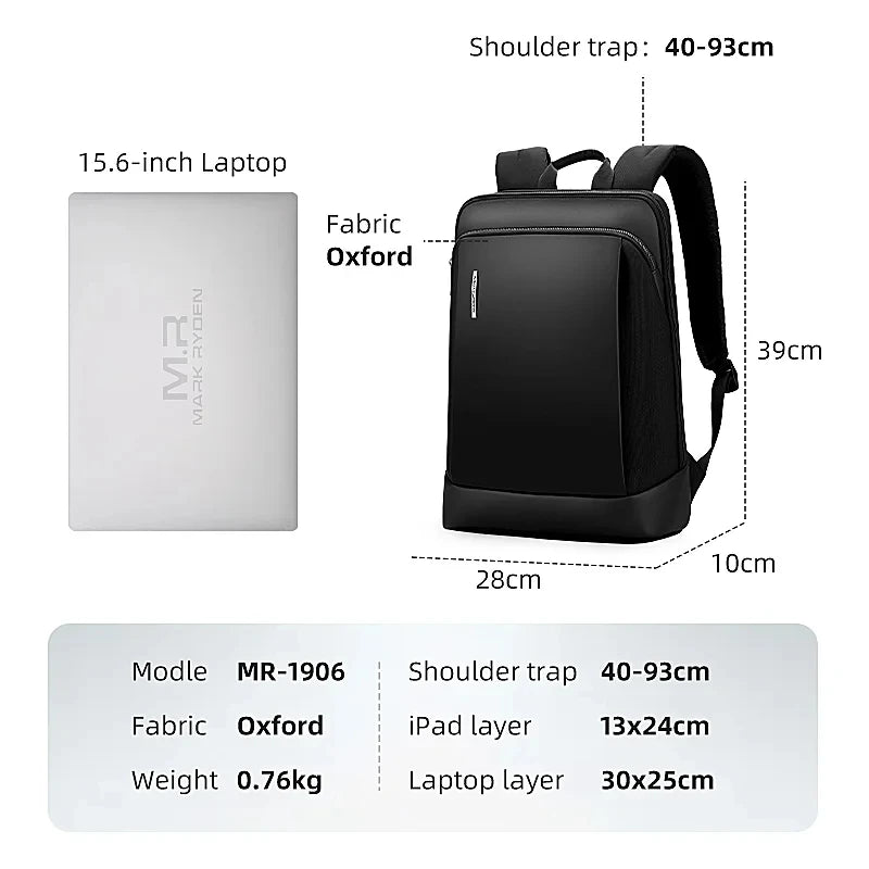 Mark Ryden Compartment travel bag black backpack Men Multifunctional Waterproof Backpack 15.6 inch Computer Pouch USB Interfa