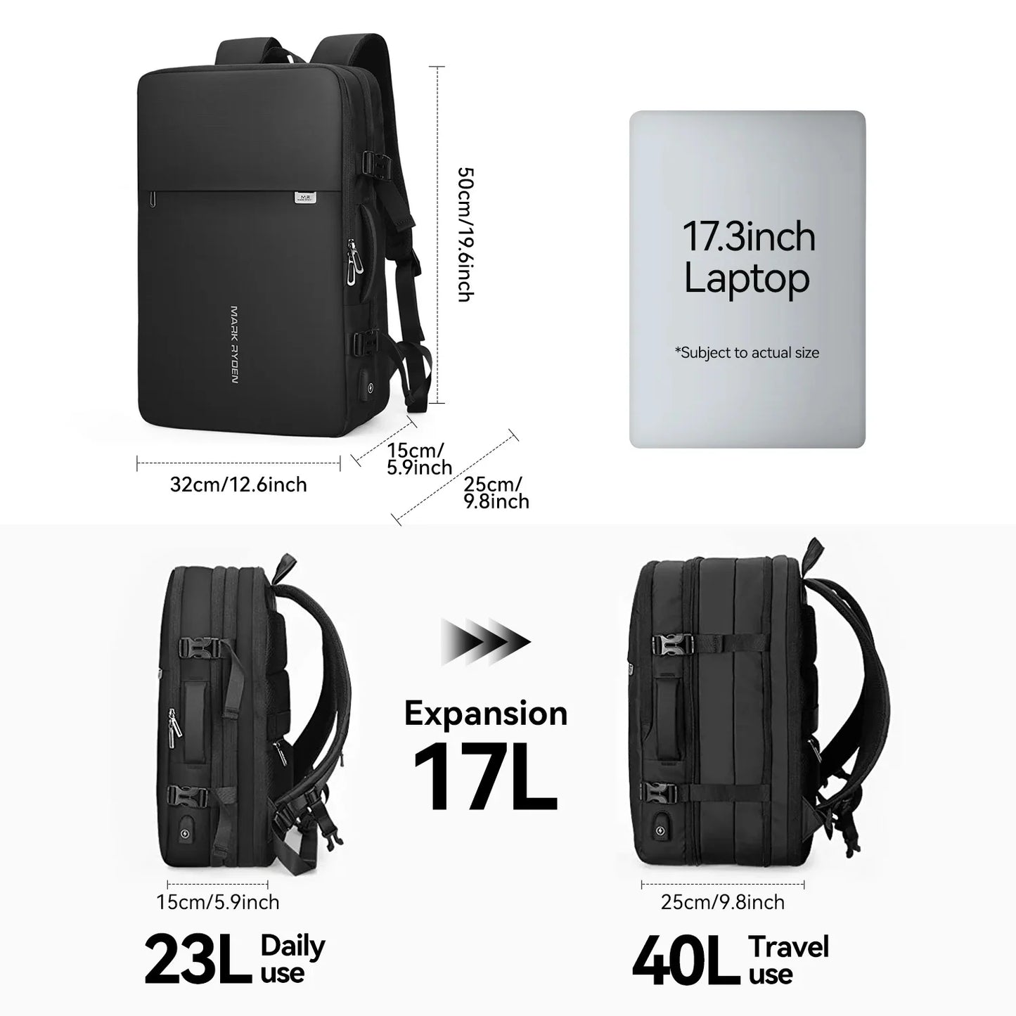 Mark Ryden Expandable Men Backpack Fits 17 inch Laptop USB Recharging Travel Male Bag Mochila