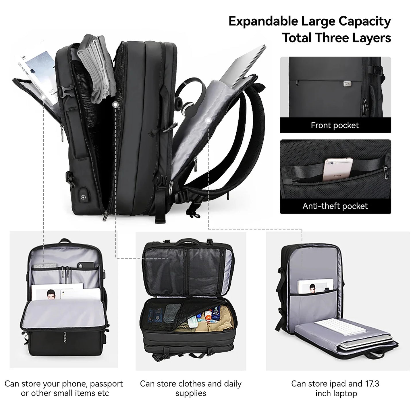 Mark Ryden Expandable Men Backpack Fits 17 inch Laptop USB Recharging Travel Male Bag Mochila