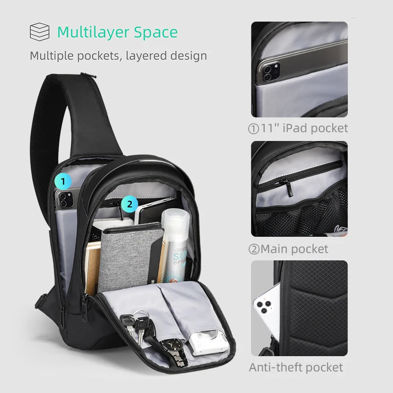 Mark Ryden Men Water-repellent Sports Chest Bag Travel Shoulder Bag  Anti-theft Crossbody Bags USB Charging Messenger Bag