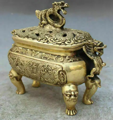 Marked Chinese Old Bronze Dragon Dragons Foo Fu Dog Lion Incense Burner Censer