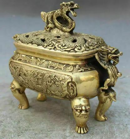 Marked Chinese Old Bronze Dragon Dragons Foo Fu Dog Lion Incense Burner Censer