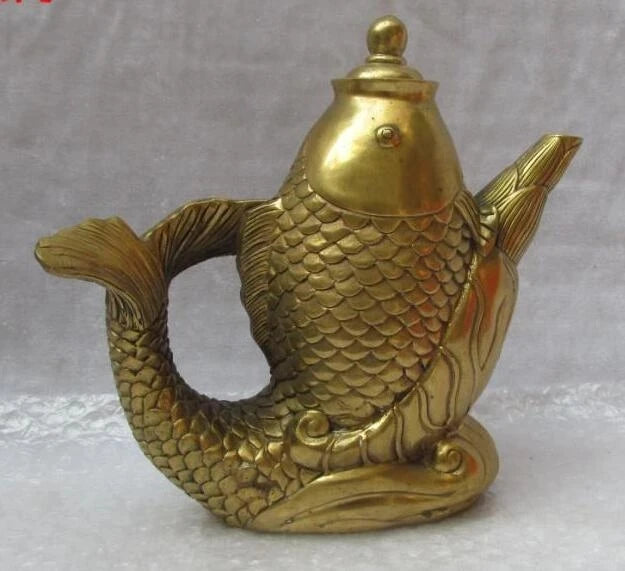 Marked Old China brass fengshui Auspicious Fish statue Wine Pot TeaPot big