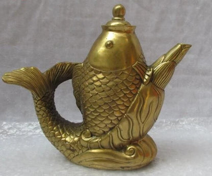 Marked Old China brass fengshui Auspicious Fish statue Wine Pot TeaPot big