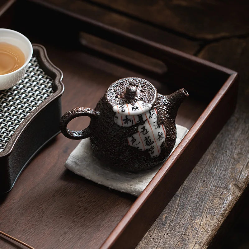 Master Handmade Firewood Tea Set Literati Pot Heart Sutra Fragmented Ceramic Hand-held Teapot Teapots for Infusions Teaware Bar