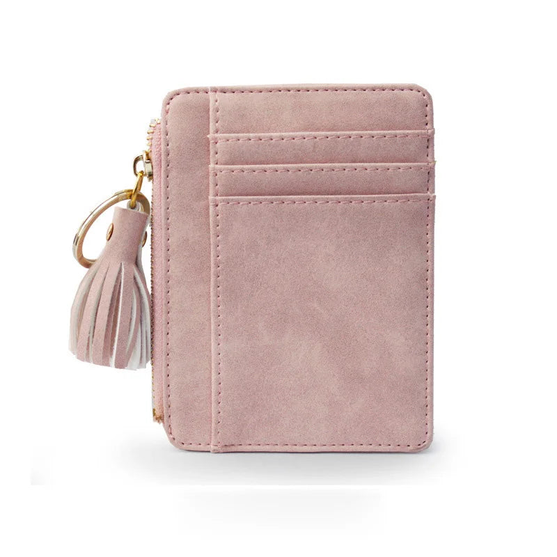 Matt Leather Mini Tassel Women Card Holder Cute Credit ID Card Holders Zipper Wallet Case Change Coin Purse Keychain Nubuck New