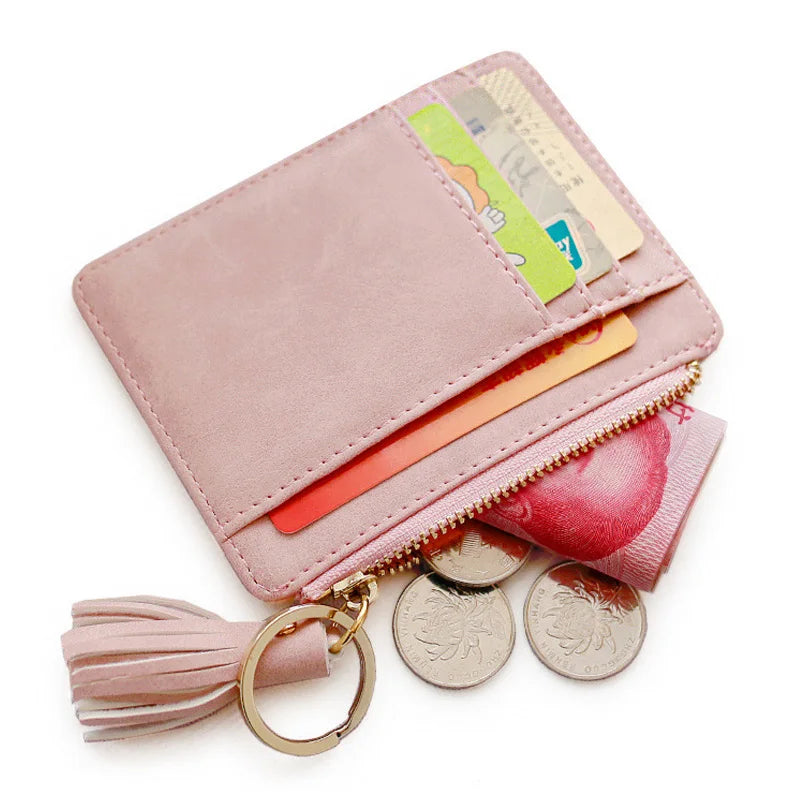 Matt Leather Mini Tassel Women Card Holder Cute Credit ID Card Holders Zipper Wallet Case Change Coin Purse Keychain Nubuck New