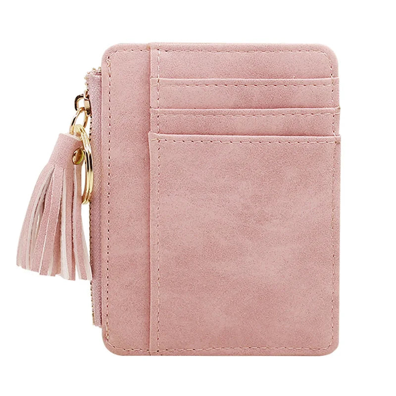 Matt Leather Mini Tassel Women Card Holder Cute Credit ID Card Holders Zipper Wallet Case Change Coin Purse Keychain Nubuck New