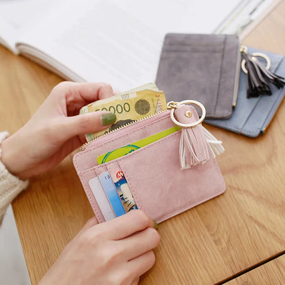 Matt Leather Mini Tassel Women Card Holder Cute Credit ID Card Holders Zipper Wallet Case Change Coin Purse Keychain Nubuck New