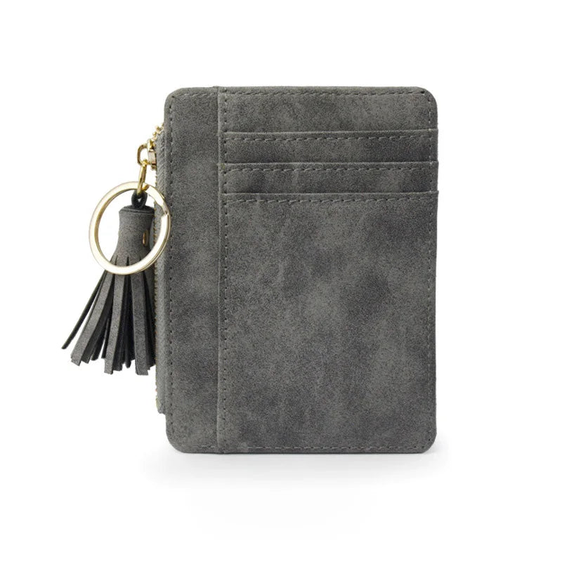 Matt Leather Mini Tassel Women Card Holder Cute Credit ID Card Holders Zipper Wallet Case Change Coin Purse Keychain Nubuck New