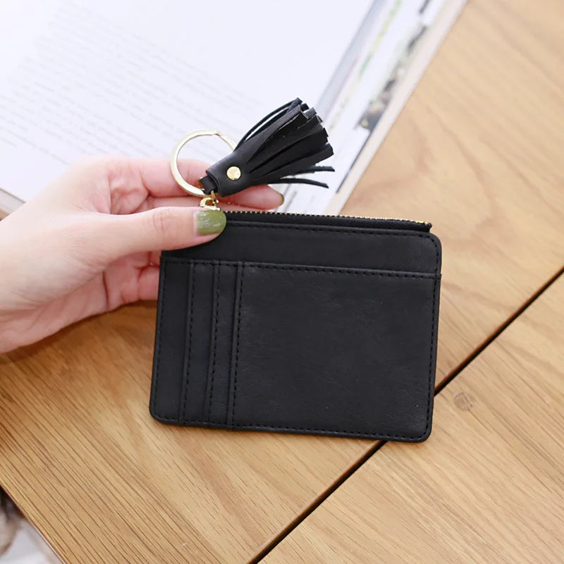 Matt Leather Mini Tassel Women Card Holder Cute Credit ID Card Holders Zipper Wallet Case Change Coin Purse Keychain Nubuck New