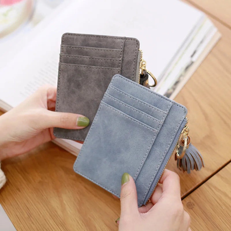 Matt Leather Mini Tassel Women Card Holder Cute Credit ID Card Holders Zipper Wallet Case Change Coin Purse Keychain Nubuck New