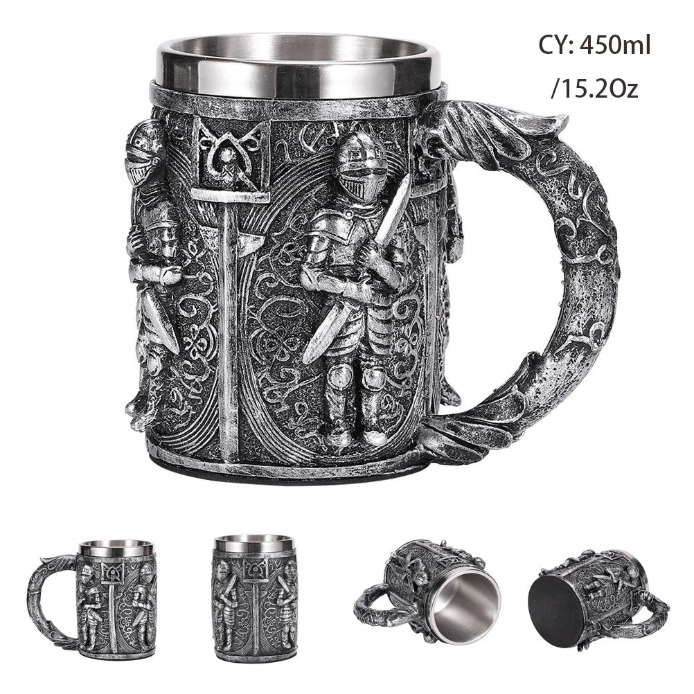 Medieval Warrior Resin Stainless Steel Beer Mug Knight Stein Retro Tankard Creative Coffee Cup Viking Tea Mug Pub Bar Decoration