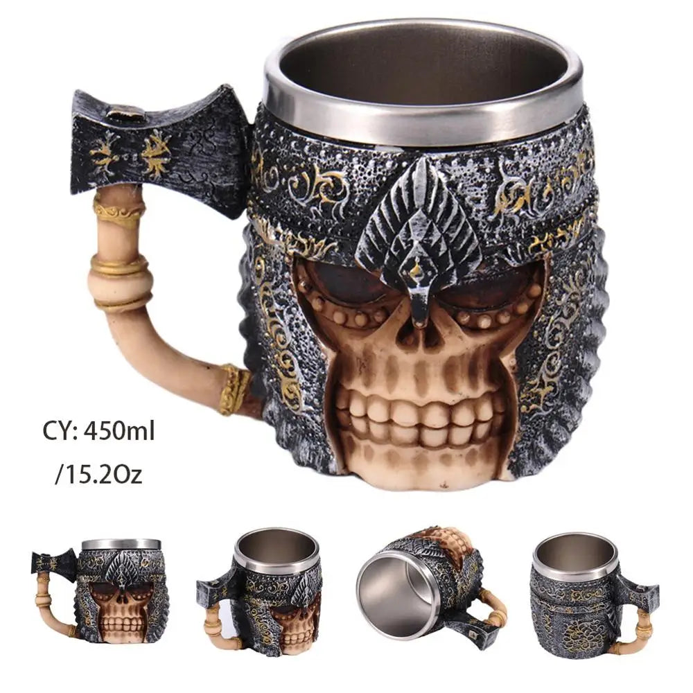Medieval Warrior Resin Stainless Steel Beer Mug Knight Stein Retro Tankard Creative Coffee Cup Viking Tea Mug Pub Bar Decoration