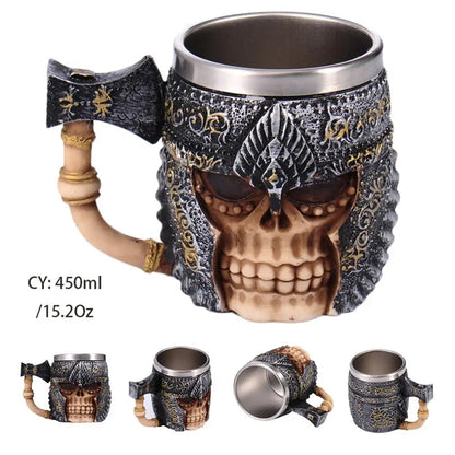 Medieval Warrior Resin Stainless Steel Beer Mug Knight Stein Retro Tankard Creative Coffee Cup Viking Tea Mug Pub Bar Decoration