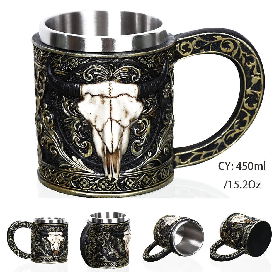 Medieval Warrior Resin Stainless Steel Beer Mug Knight Stein Retro Tankard Creative Coffee Cup Viking Tea Mug Pub Bar Decoration