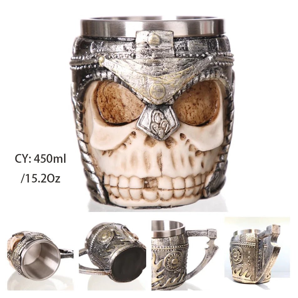 Medieval Warrior Resin Stainless Steel Beer Mug Knight Stein Retro Tankard Creative Coffee Cup Viking Tea Mug Pub Bar Decoration