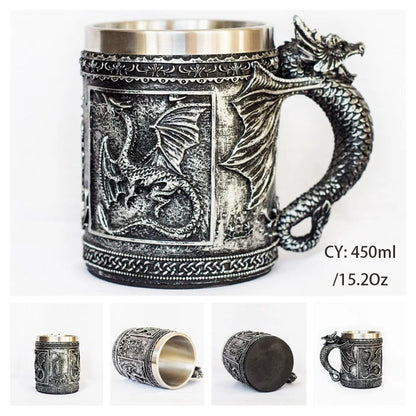 Medieval Warrior Resin Stainless Steel Beer Mug Knight Stein Retro Tankard Creative Coffee Cup Viking Tea Mug Pub Bar Decoration