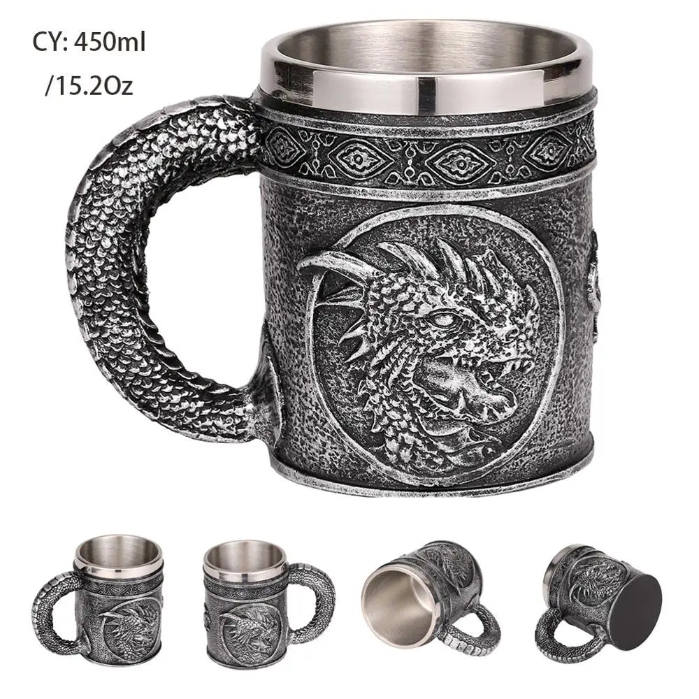 Medieval Warrior Resin Stainless Steel Beer Mug Knight Stein Retro Tankard Creative Coffee Cup Viking Tea Mug Pub Bar Decoration