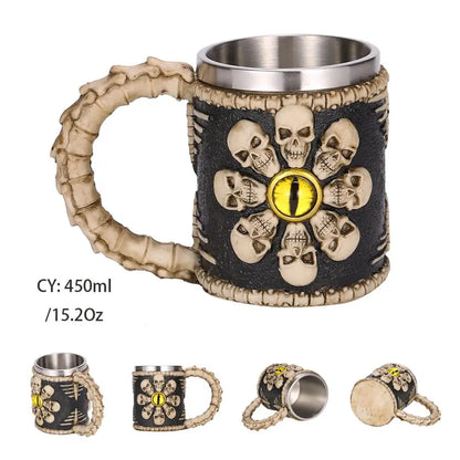Medieval Warrior Resin Stainless Steel Beer Mug Knight Stein Retro Tankard Creative Coffee Cup Viking Tea Mug Pub Bar Decoration