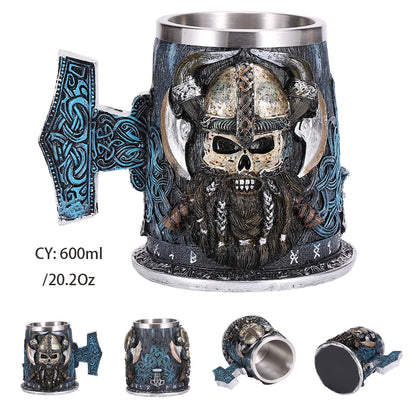 Medieval Warrior Resin Stainless Steel Beer Mug Knight Stein Retro Tankard Creative Coffee Cup Viking Tea Mug Pub Bar Decoration
