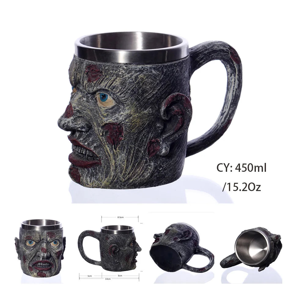 Medieval Warrior Resin Stainless Steel Beer Mug Knight Stein Retro Tankard Creative Coffee Cup Viking Tea Mug Pub Bar Decoration
